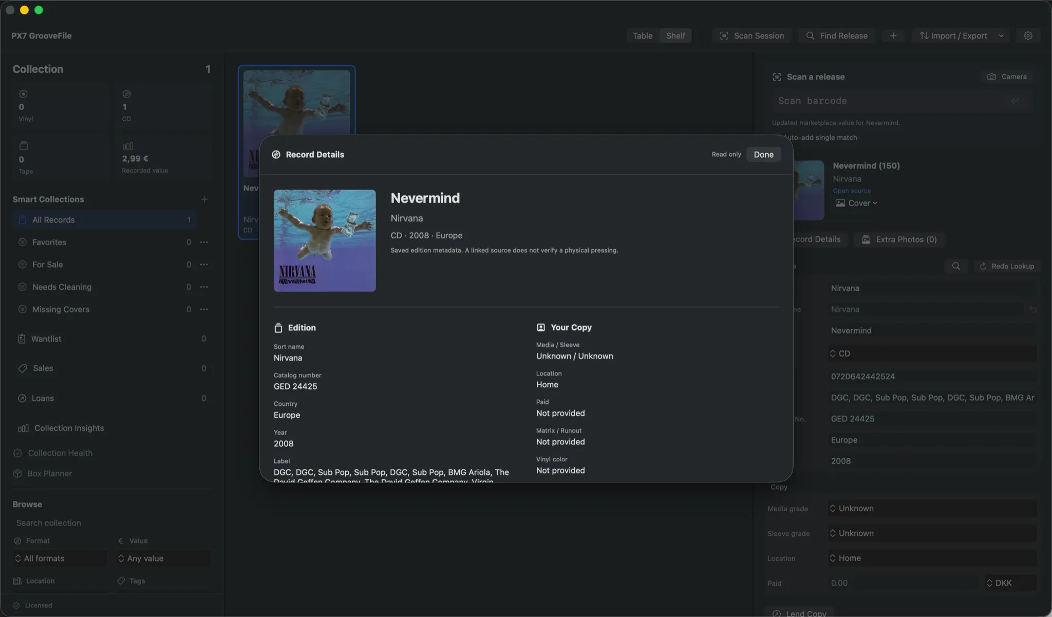 GrooveFile for Mac, showing an owned record's release details, condition and location.