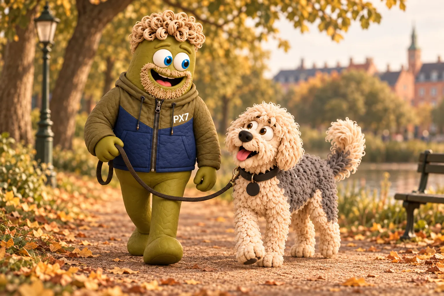 Clay mascots of Jørgen and his large dog Bob walking together on a leafy autumn park path.
