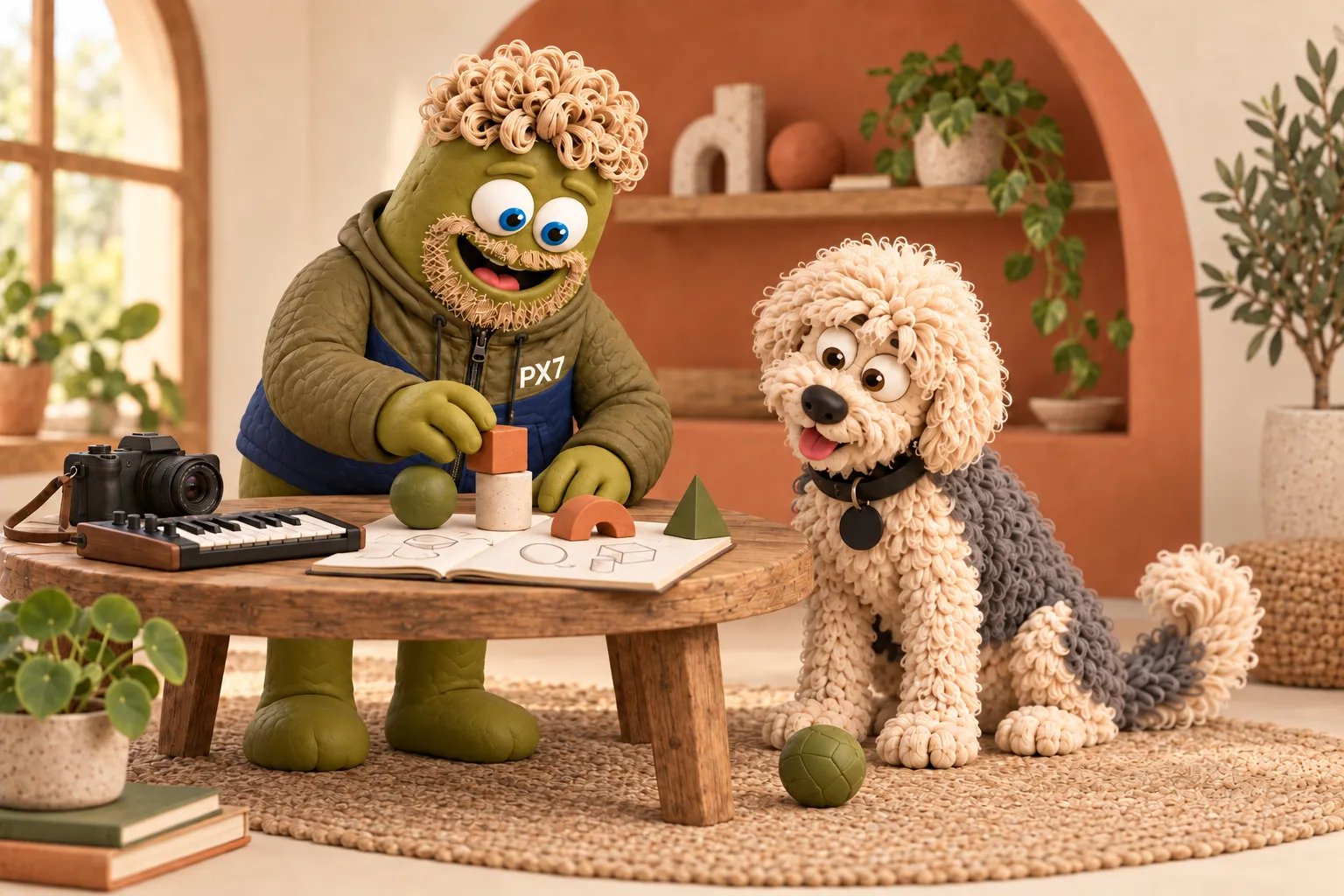 Clay mascots of Jørgen trying prototype shapes beside a sketchbook, camera and music keyboard, with Bob watching curiously.