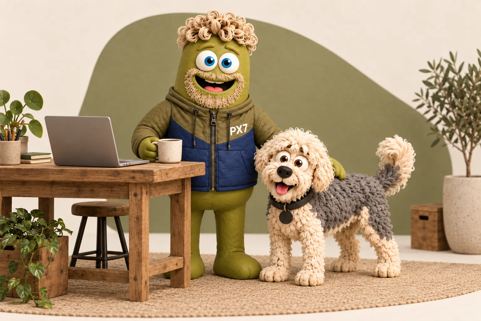 The handmade clay mascots Jørgen and his large curly dog Bob, together at a maker’s workbench.