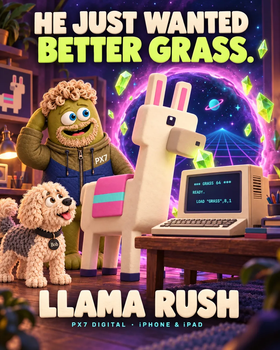 Llama Rush mascot artwork: Da Llama, Jørgen and Bob beside an old computer and a cosmic portal.