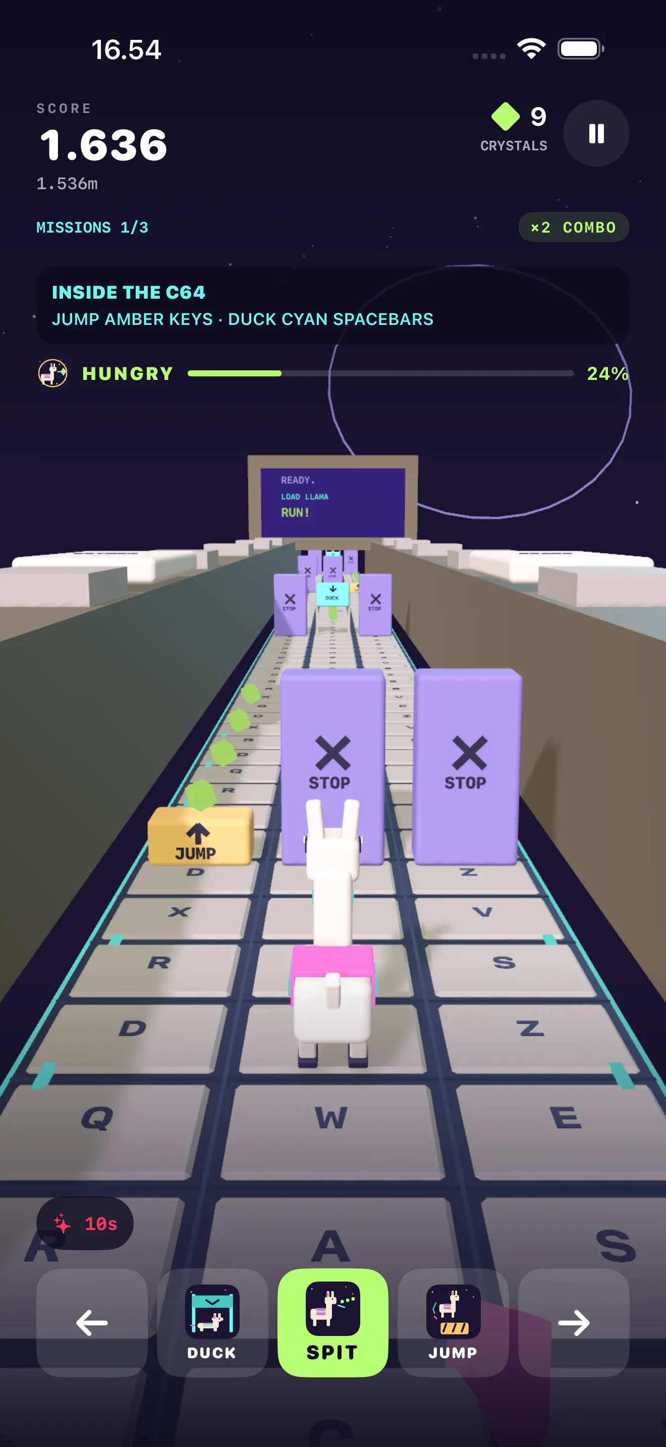 Actual Llama Rush iPhone beta gameplay, with three lanes and a cosmic keyboard landscape.
