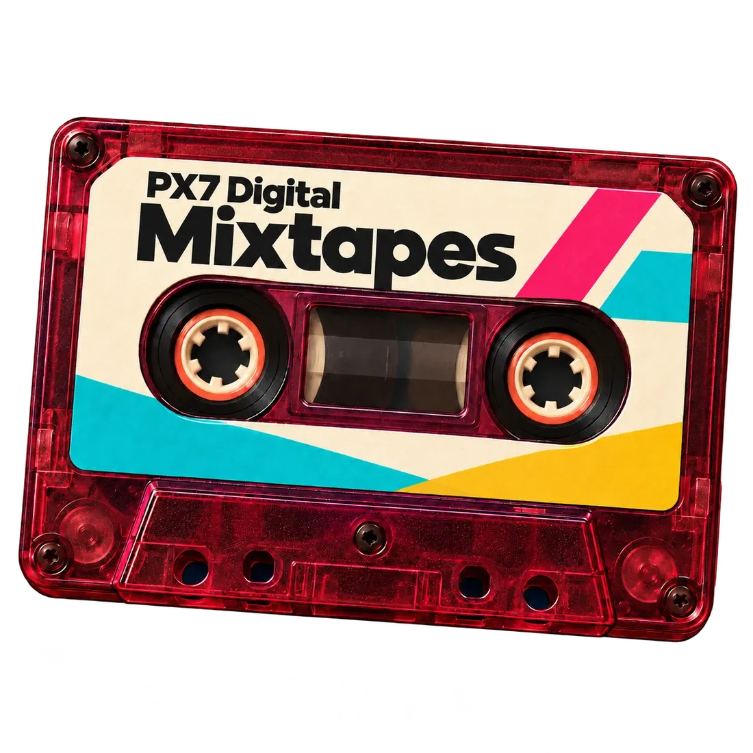 The translucent red PX7 Digital Mixtapes cassette.