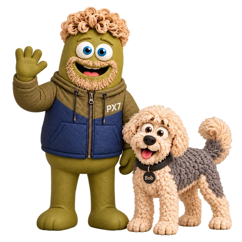 Jørgen waves beside Bob, whose collar tag reads Bob.